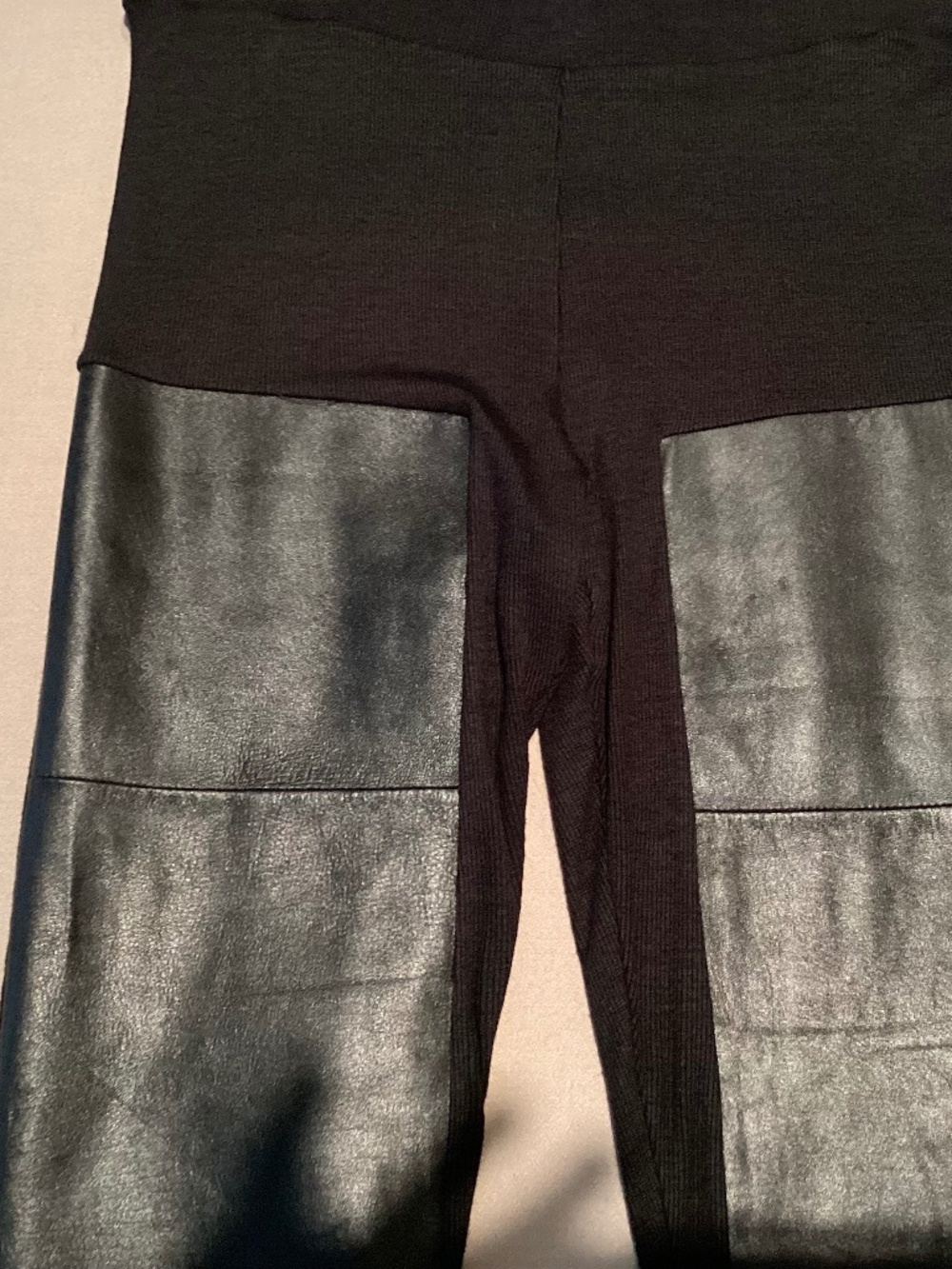 ROZAE NICHOLS BLACK KNIT LEGGINGS WITH GENUINE LEATHER FRONT SIZE S